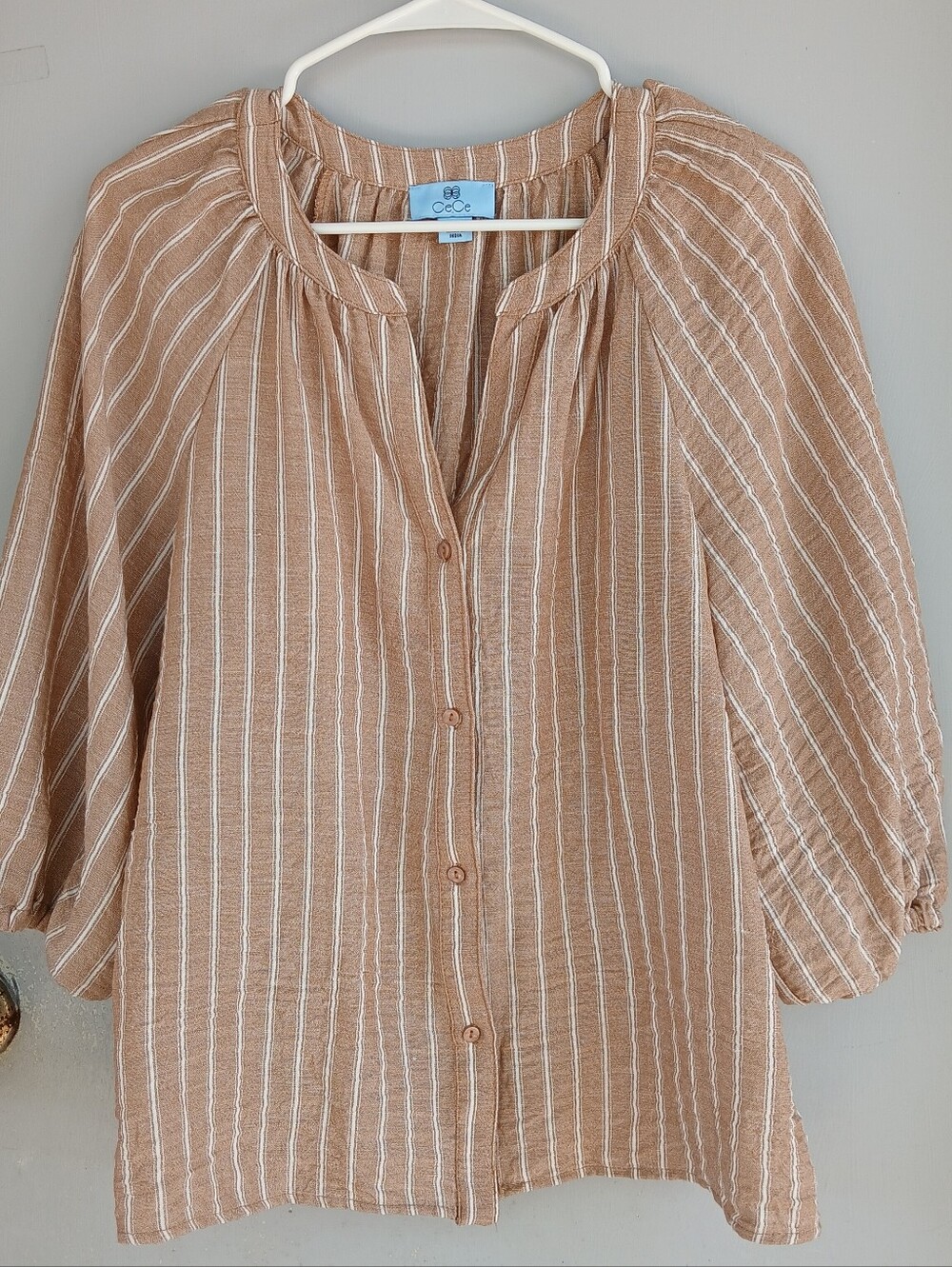 CeCe Women's Tan White Striped Button Up Blouse Size Large Qtr Balloon Sleeve